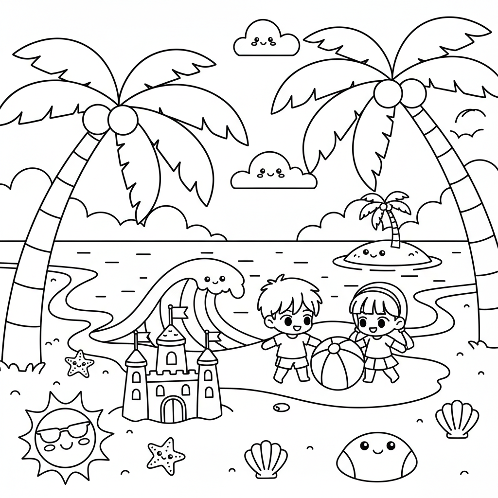 Beach coloring page for everyone - Anime style