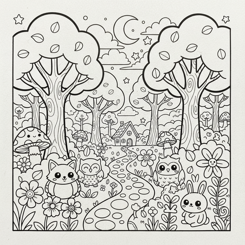 Forest coloring page for everyone - Anime style
