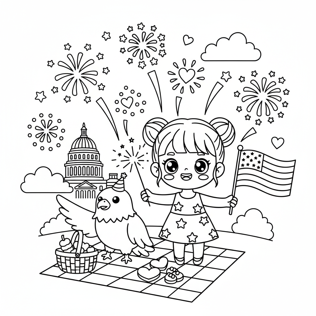 Fourth of July coloring page for everyone - Anime style