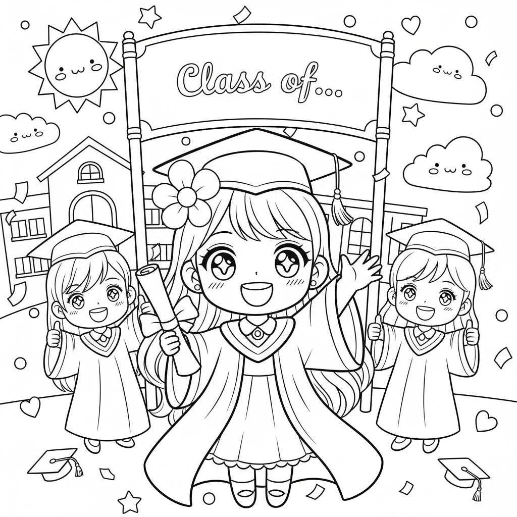 Graduation coloring page for everyone - Anime style