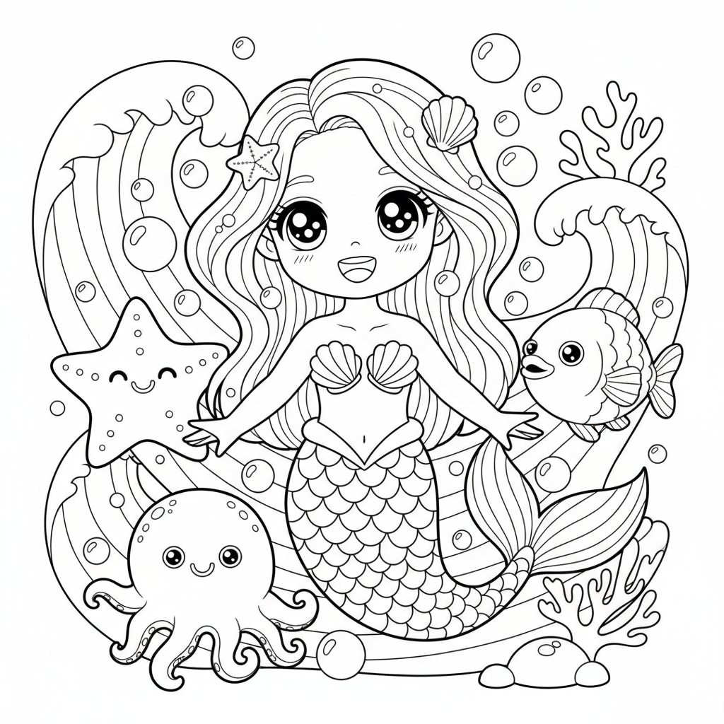 Mermaid coloring page for everyone - Anime style