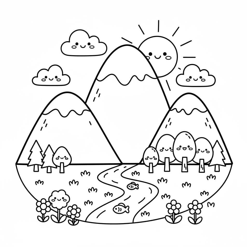 Mountain coloring page for everyone - Anime style