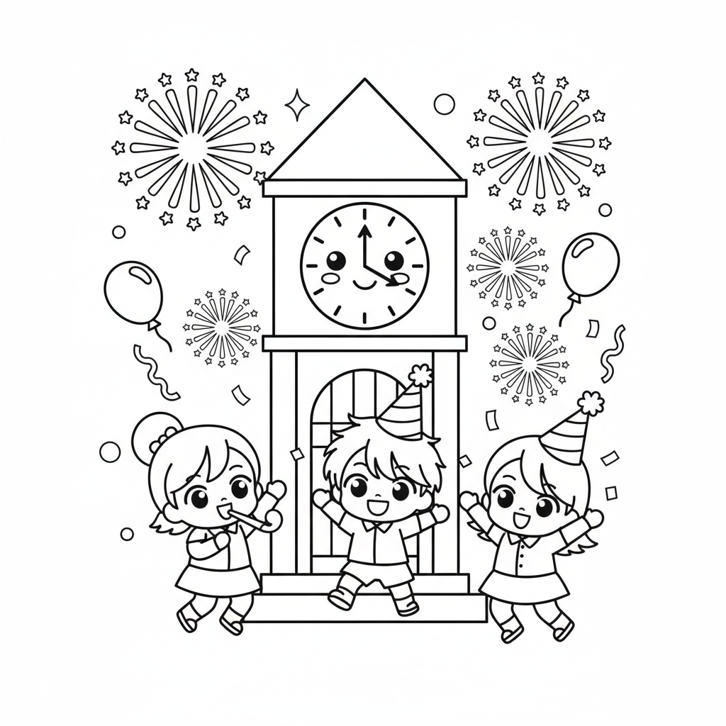 New Year's Eve coloring page for everyone - Anime style