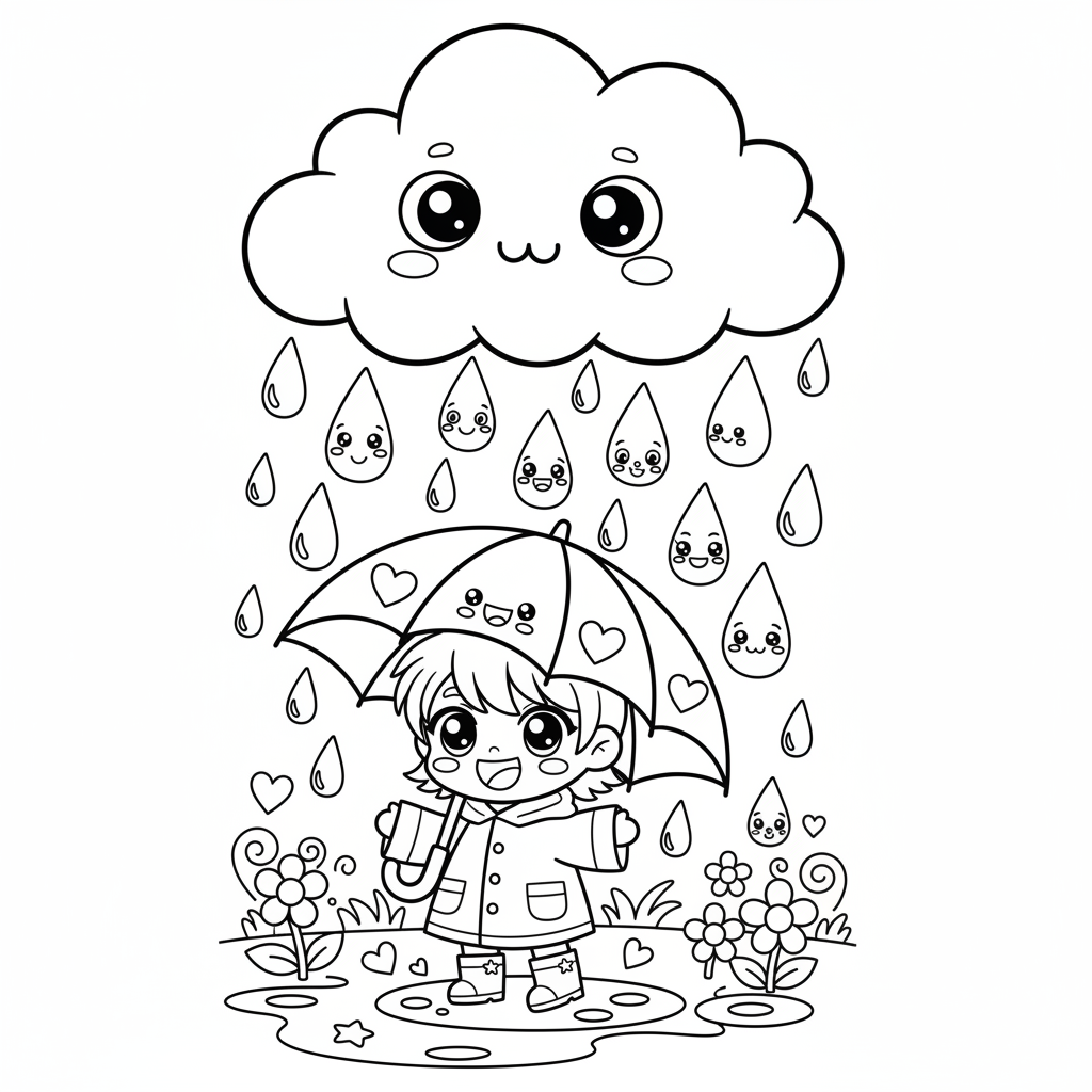 Rain coloring page for everyone - Anime style