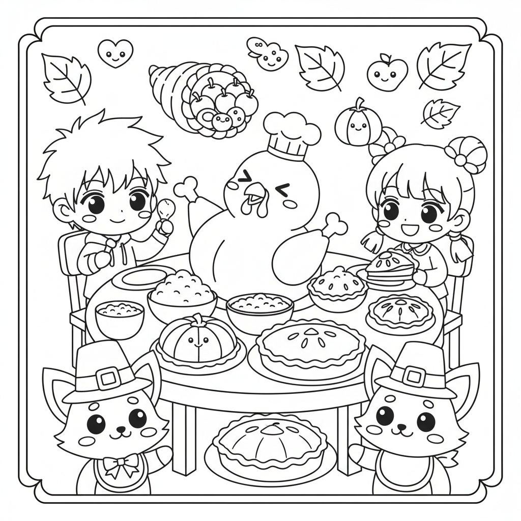Thanksgiving coloring page for everyone - Anime style