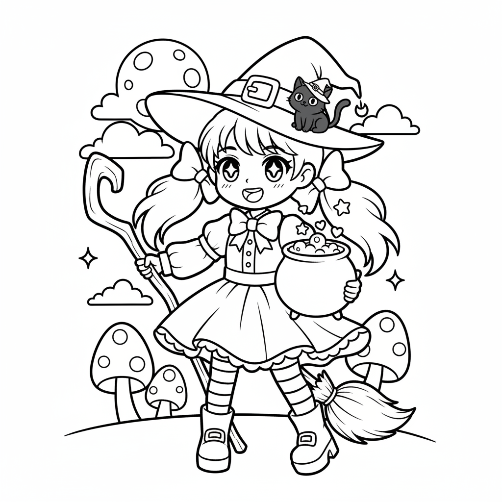 Witch coloring page for everyone - Anime style
