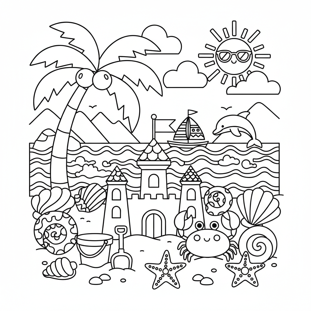 Beach coloring page for experts - Standard style