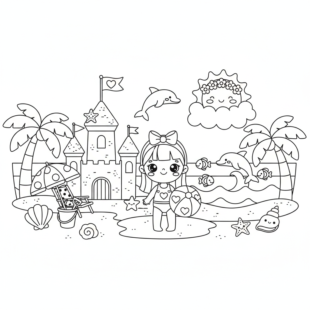 Beach coloring page for girls - Standard style