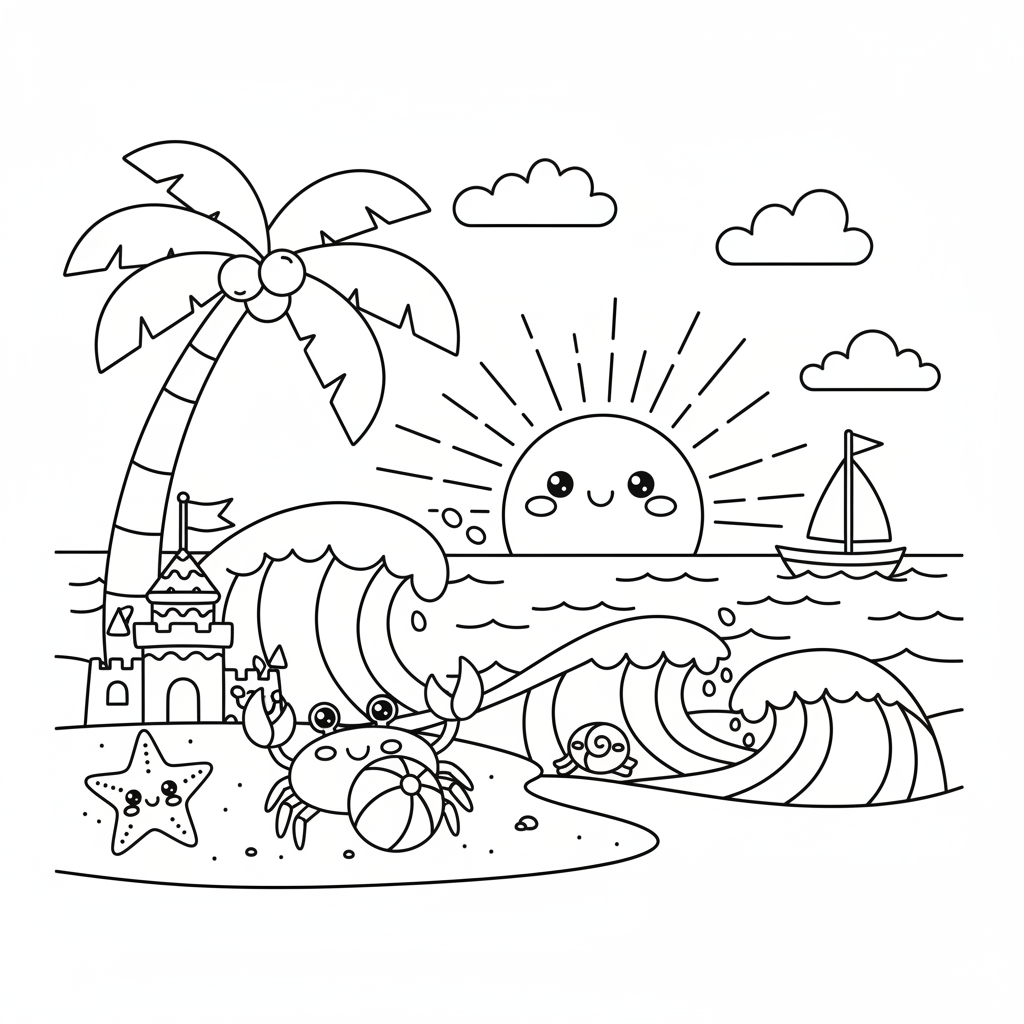 Beach coloring page for kids - Standard style