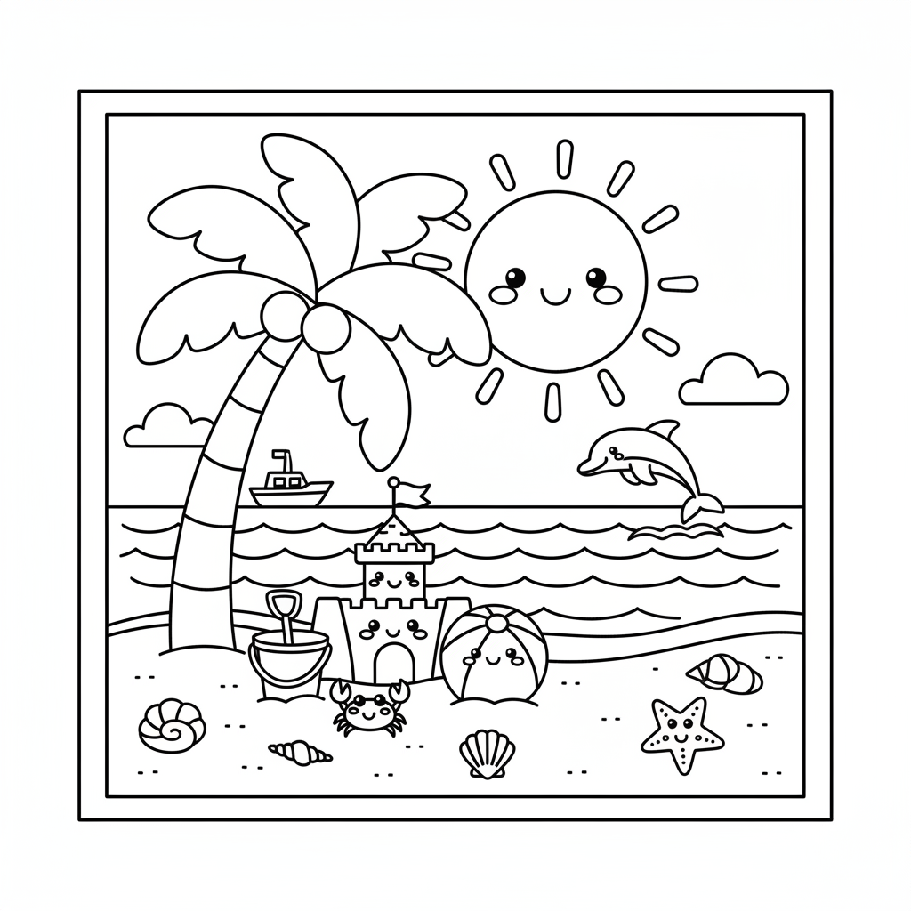 Beach coloring page for kindergarteners - Standard style