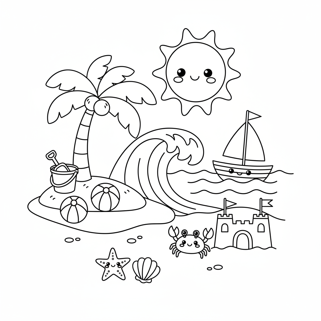 Beach coloring page for toddlers - Standard style