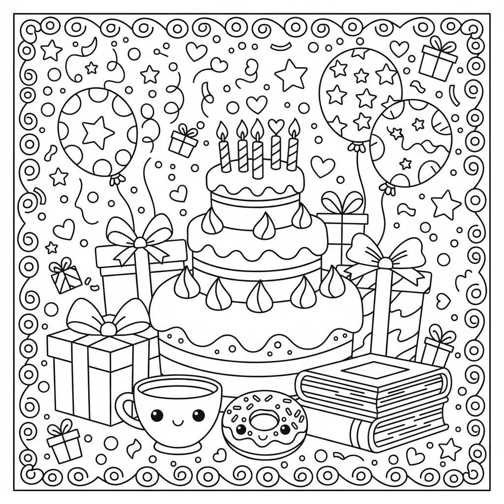 Birthday coloring page for adults - Standard style
