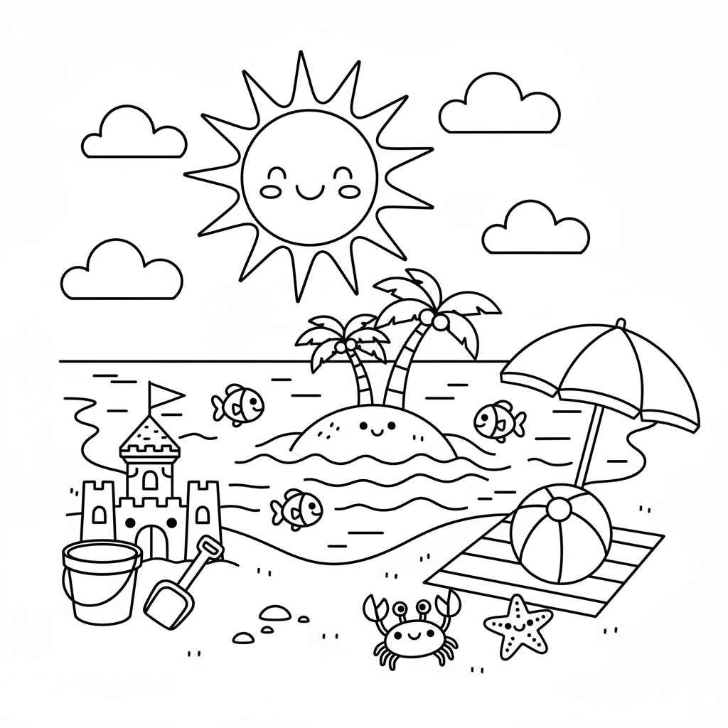 Beach coloring page for everyone - Cartoon style