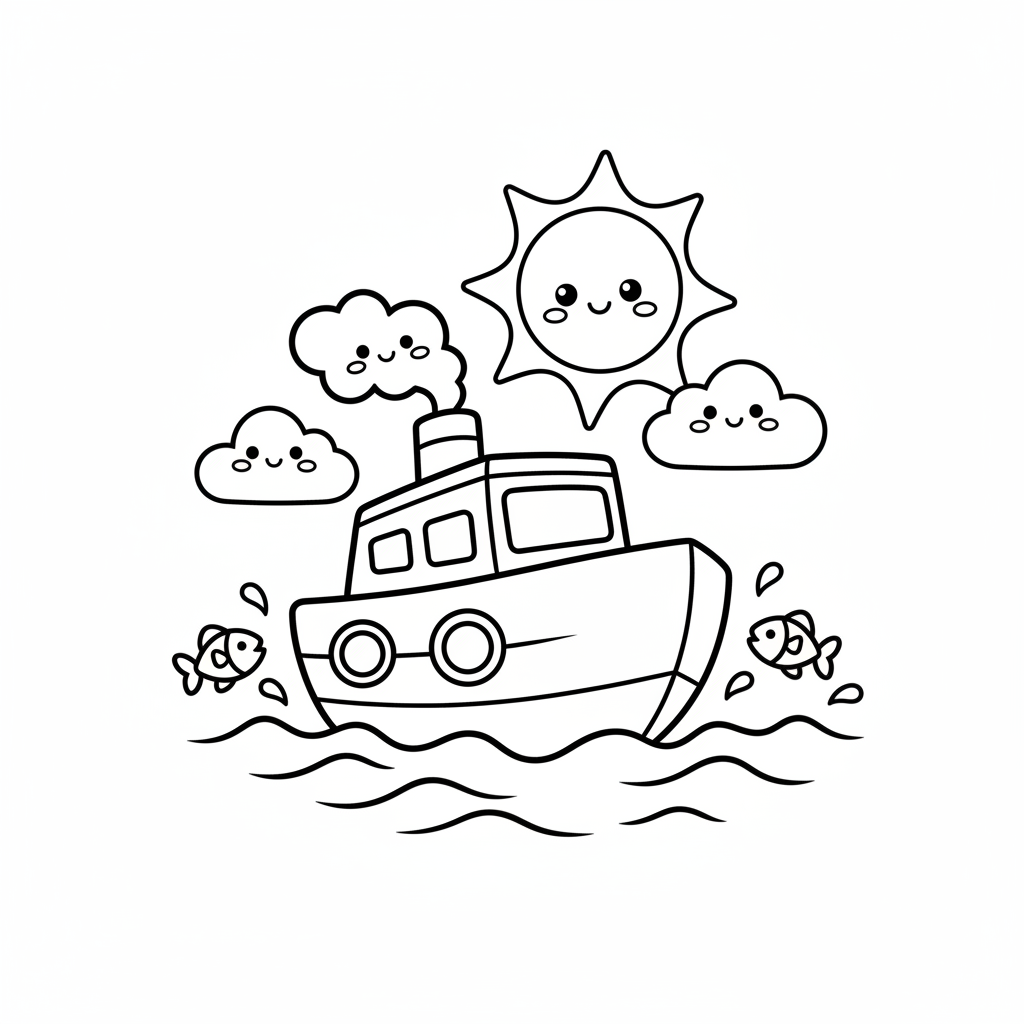 Boat coloring page for everyone - Cartoon style