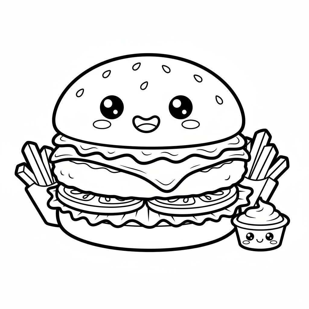 Burger coloring page for everyone - Cartoon style