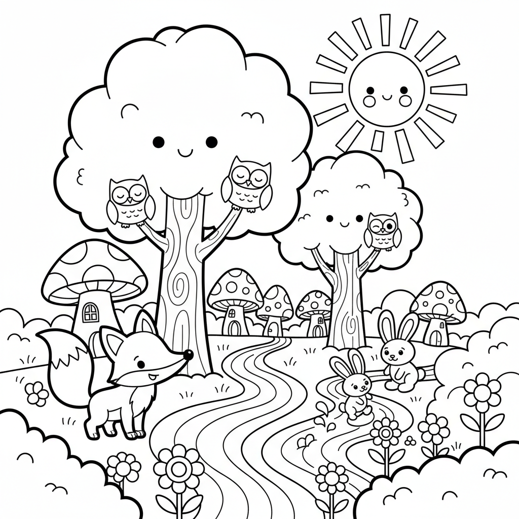 Forest coloring page for everyone - Cartoon style