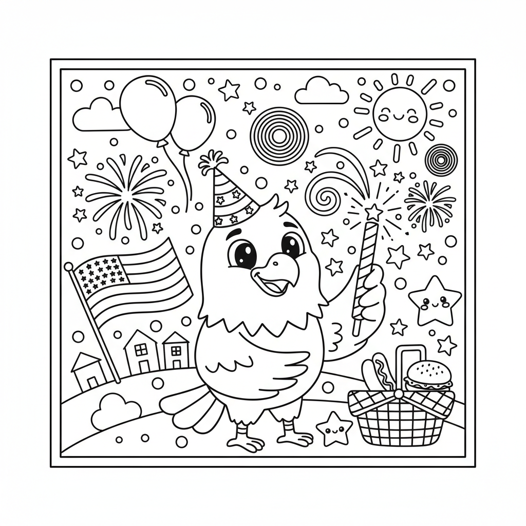 Fourth of July coloring page for everyone - Cartoon style