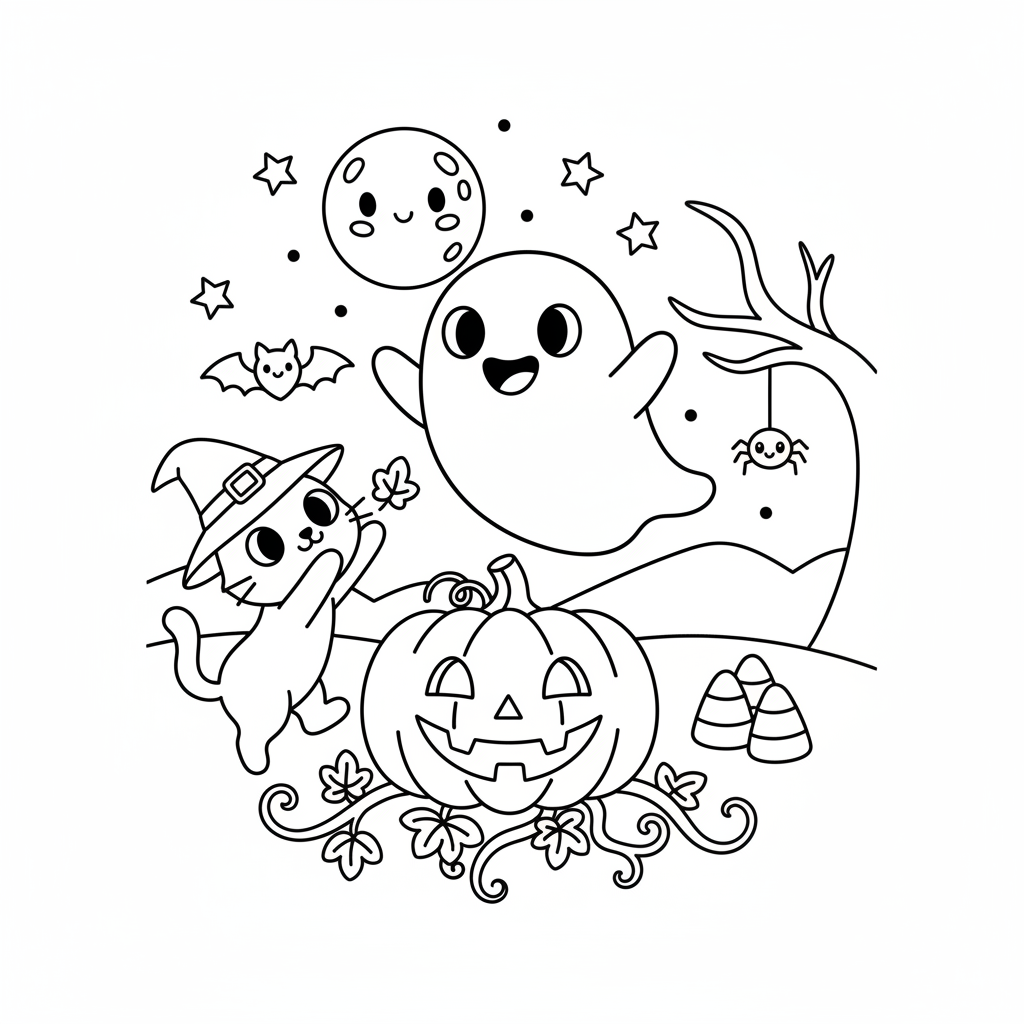 Halloween coloring page for everyone - Cartoon style