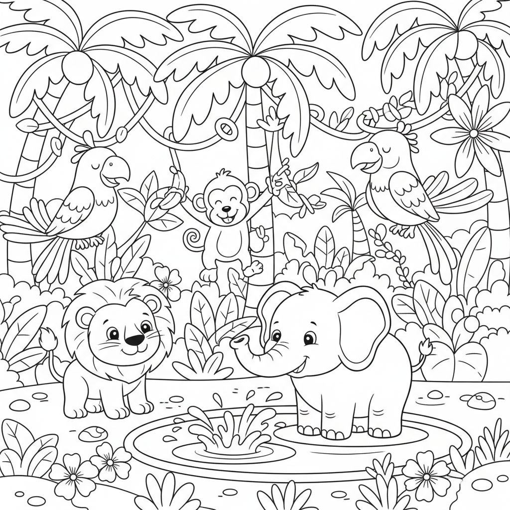 Jungle coloring page for everyone - Cartoon style