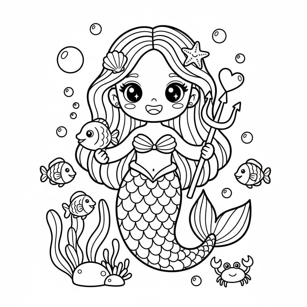 Mermaid coloring page for everyone - Cartoon style