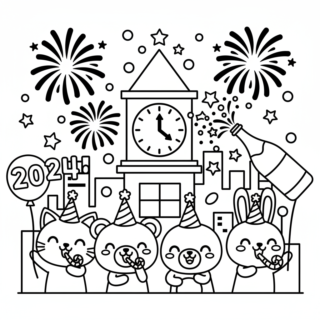 New Year's Eve coloring page for everyone - Cartoon style