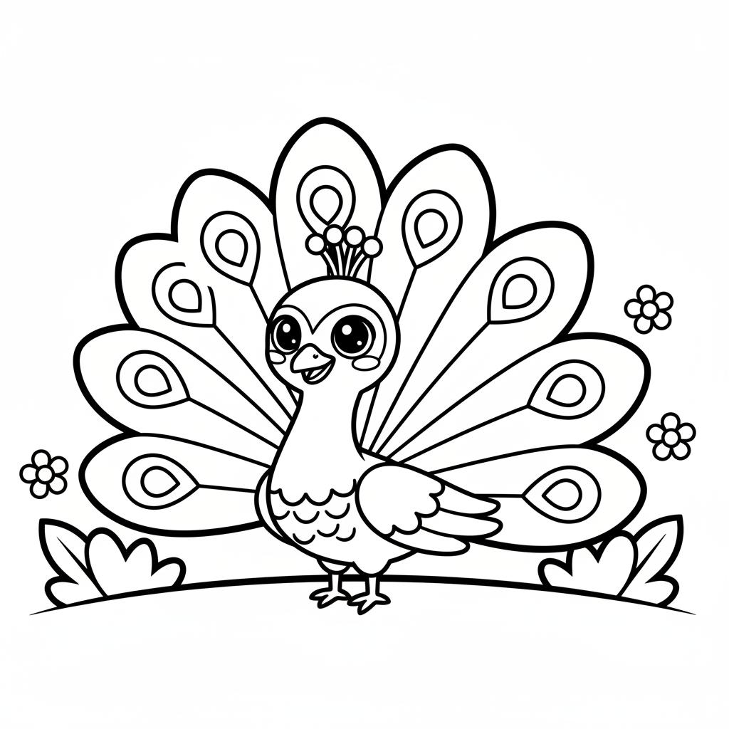 Peacock coloring page for everyone - Cartoon style