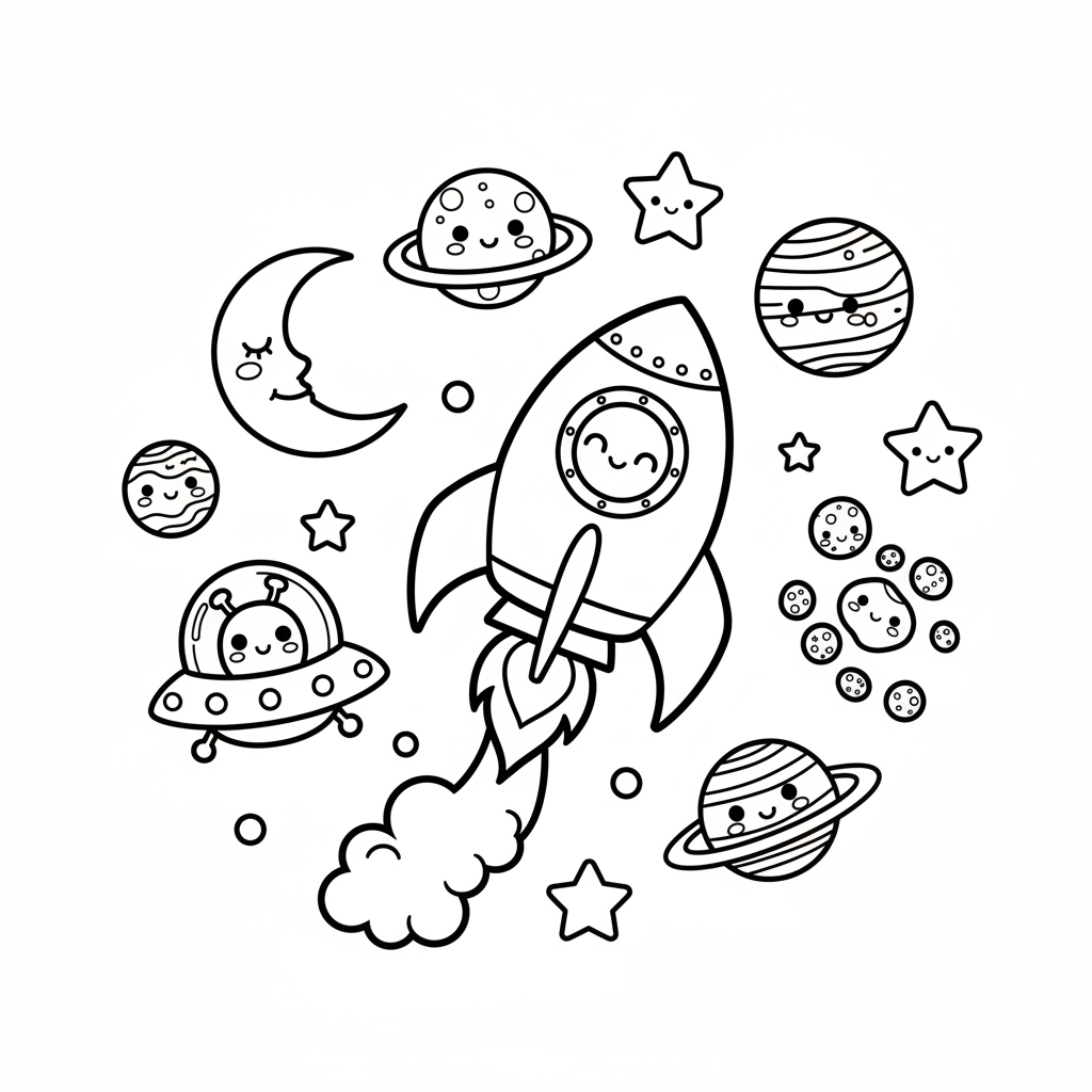 Space coloring page for everyone - Cartoon style