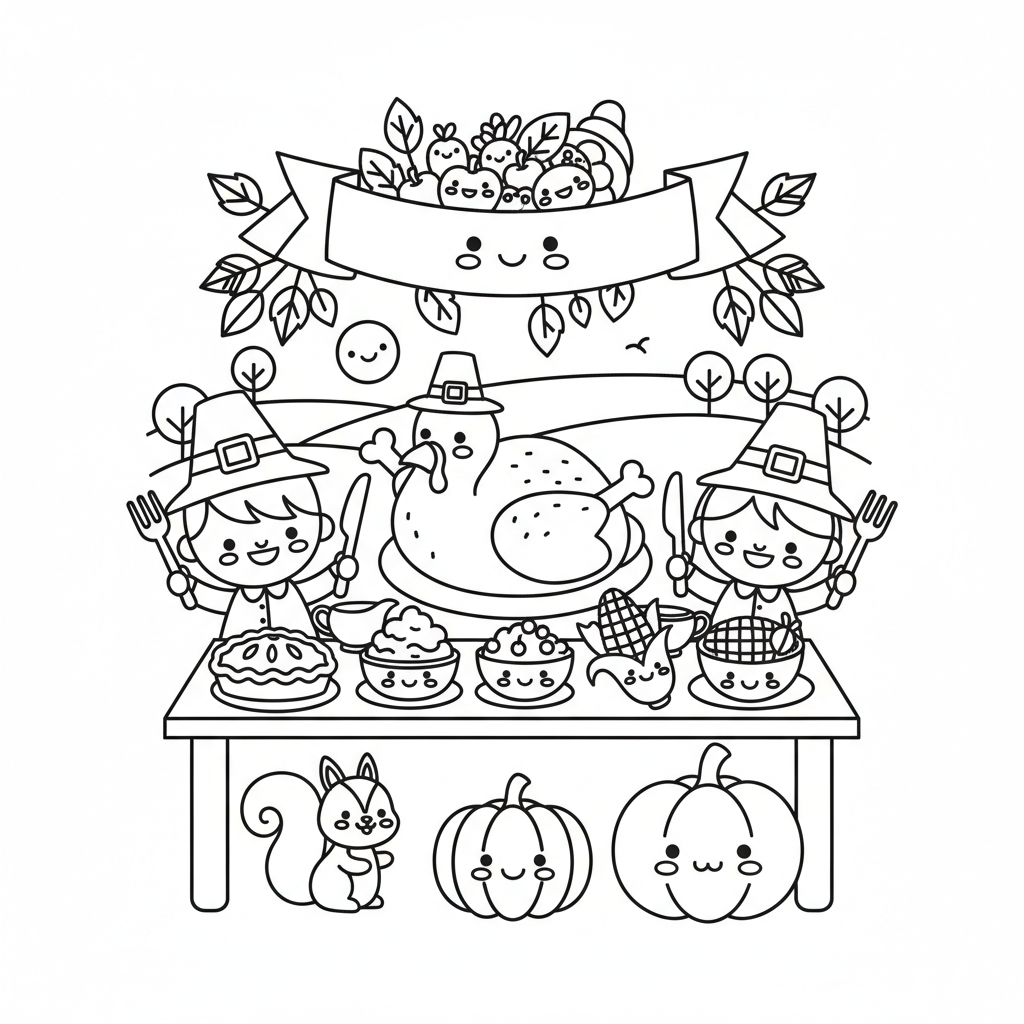 Thanksgiving coloring page for everyone - Cartoon style