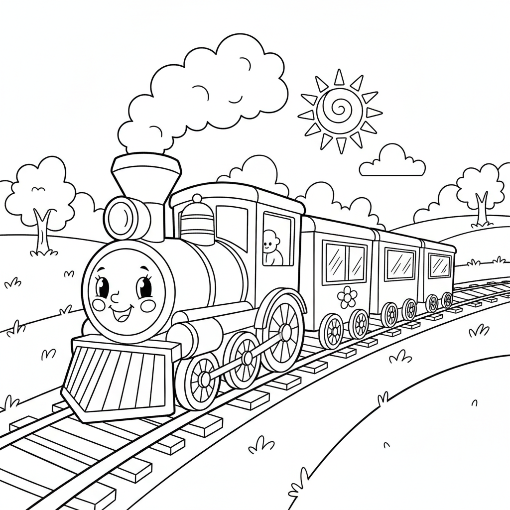 Train coloring page for everyone - Cartoon style