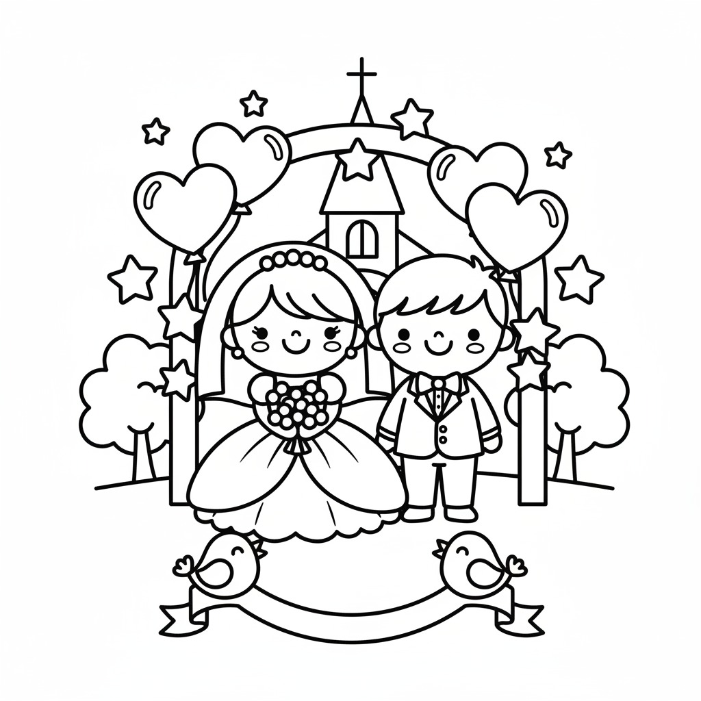Wedding coloring page for everyone - Cartoon style
