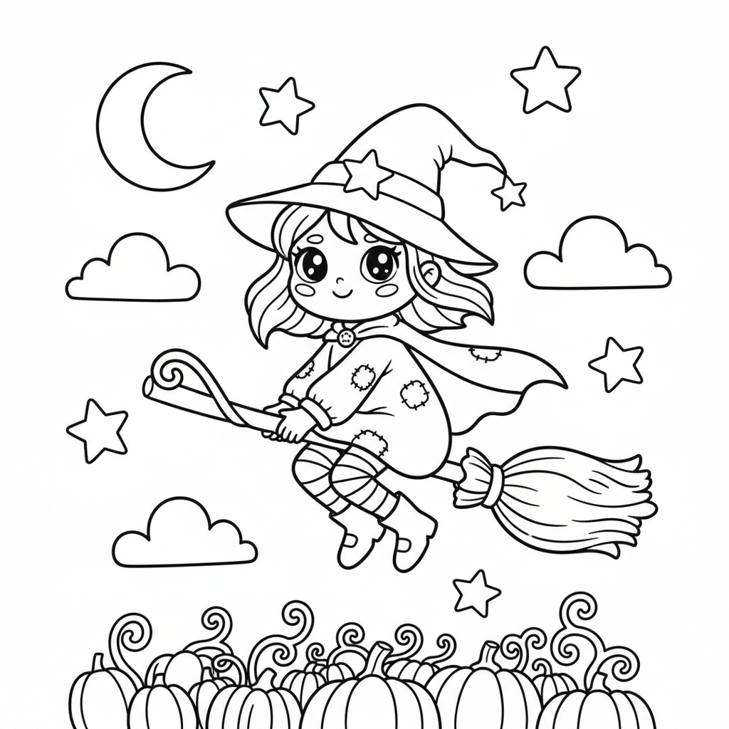 Witch coloring page for everyone - Cartoon style