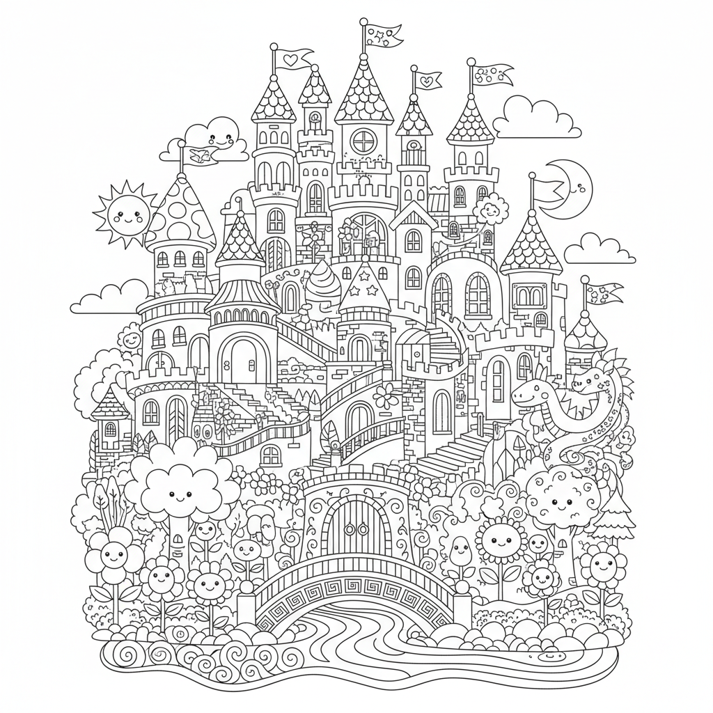 Castle coloring page for experts - Standard style