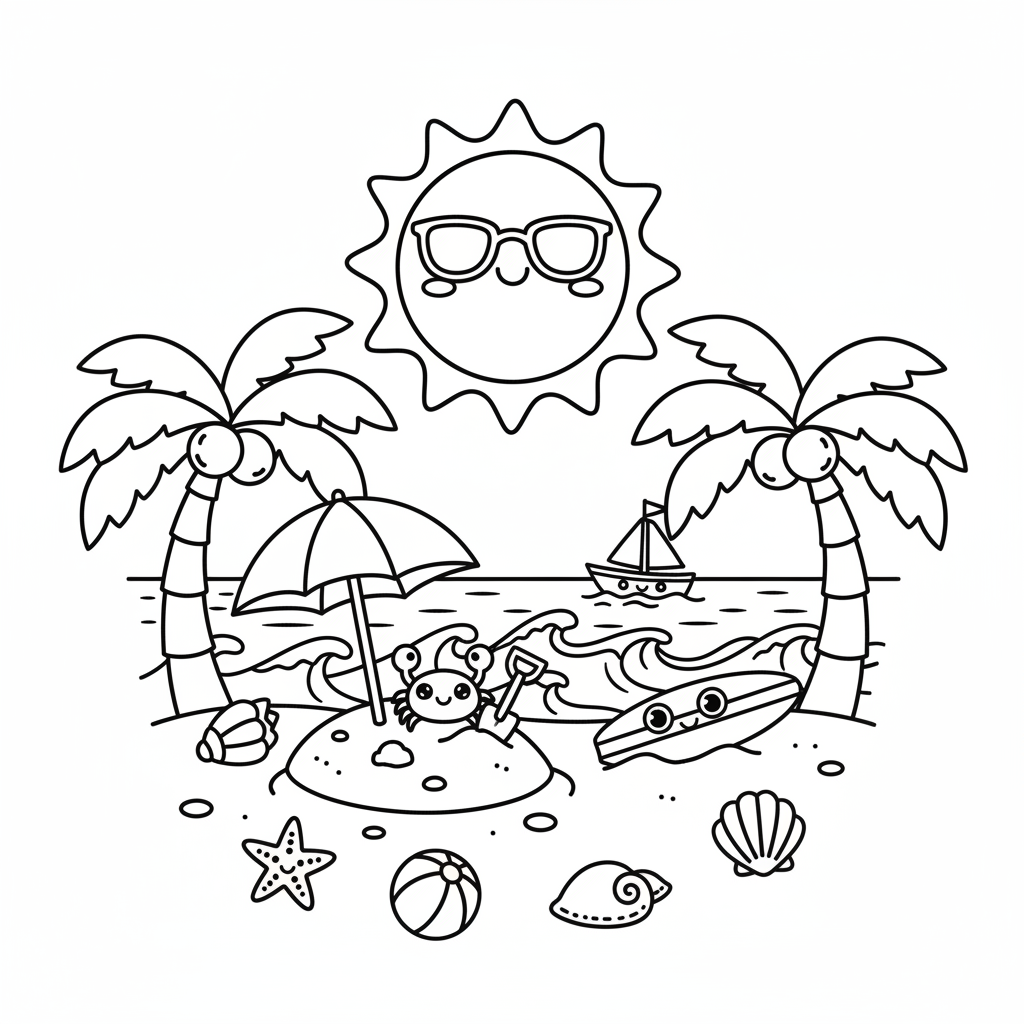 Beach coloring page for everyone - Chibi style