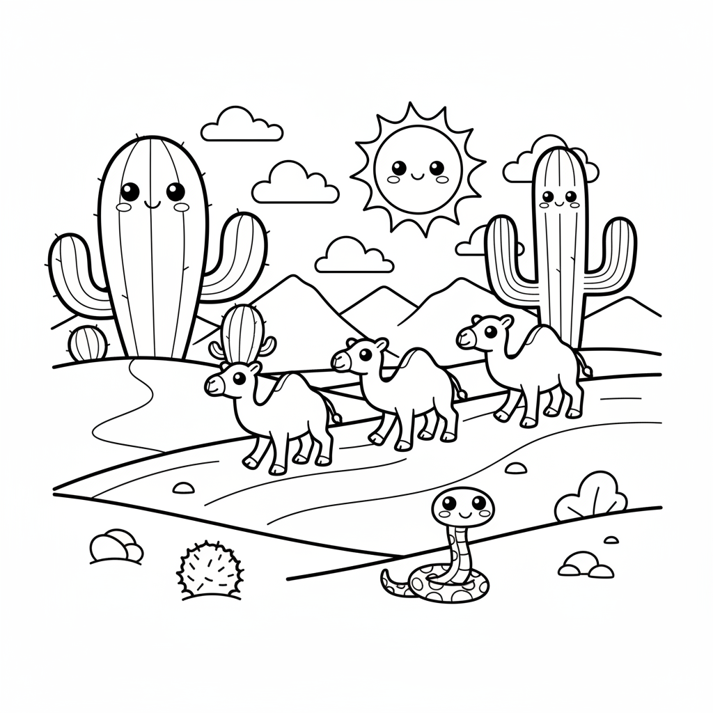 Desert coloring page for everyone - Chibi style