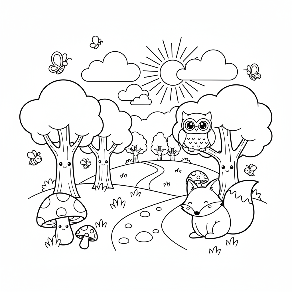 Forest coloring page for everyone - Chibi style