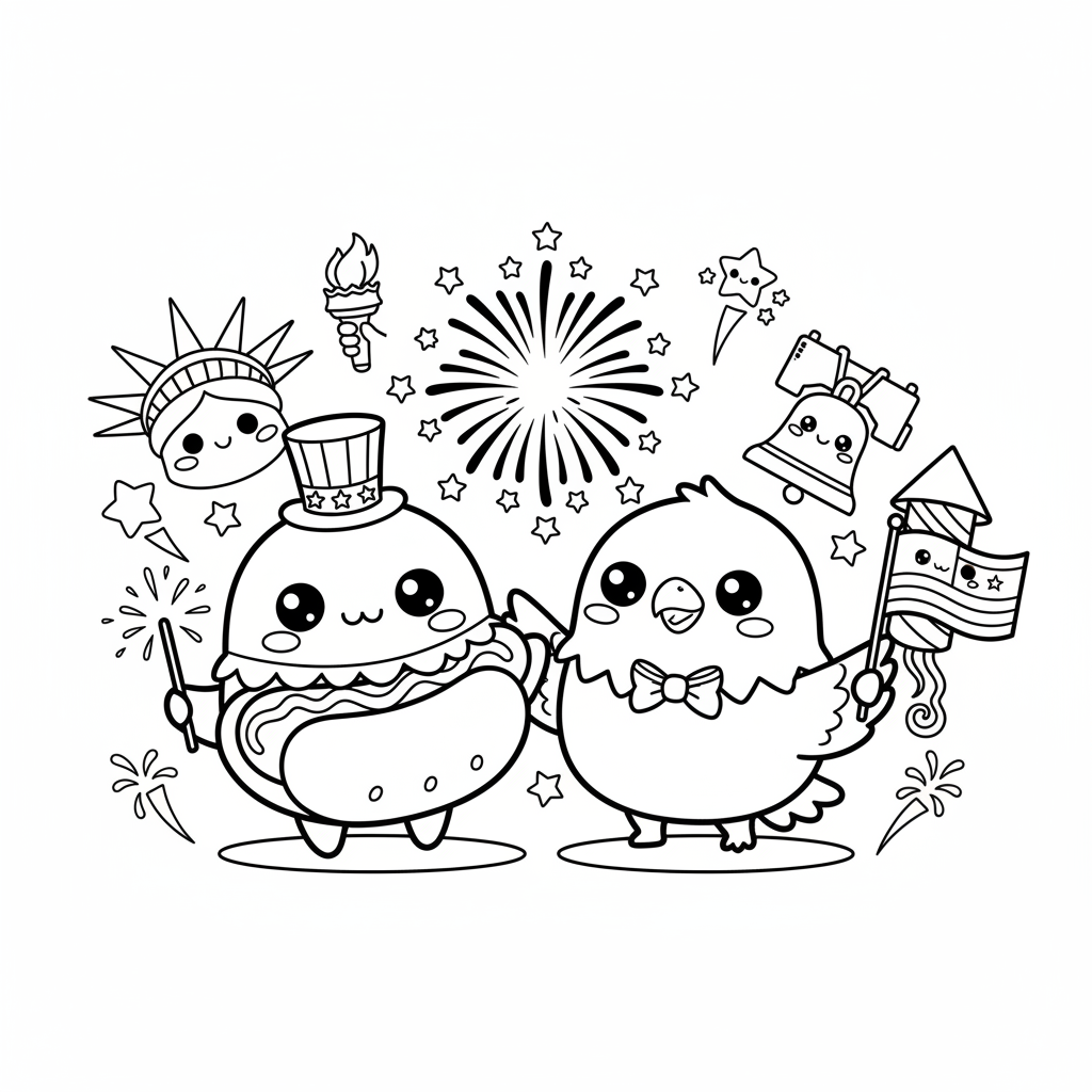 Fourth of July coloring page for everyone - Chibi style
