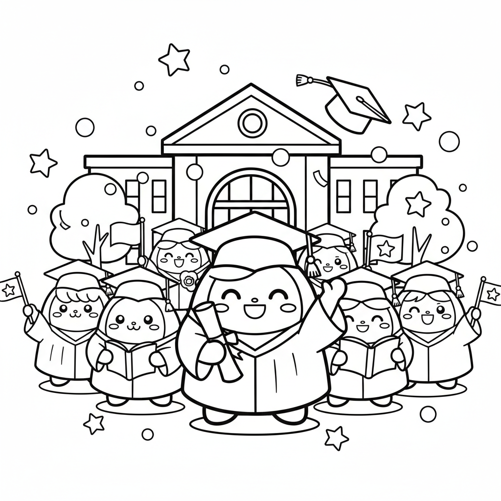 Graduation coloring page for everyone - Chibi style