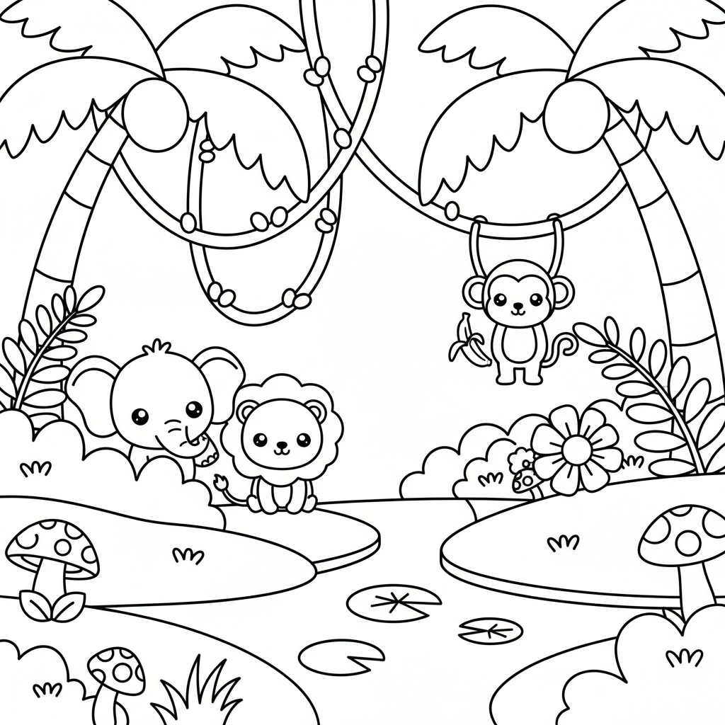 Jungle coloring page for everyone - Chibi style
