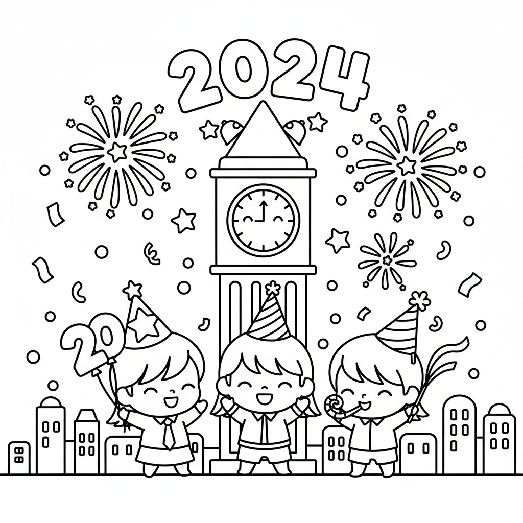 New Year's Eve coloring page for everyone - Chibi style