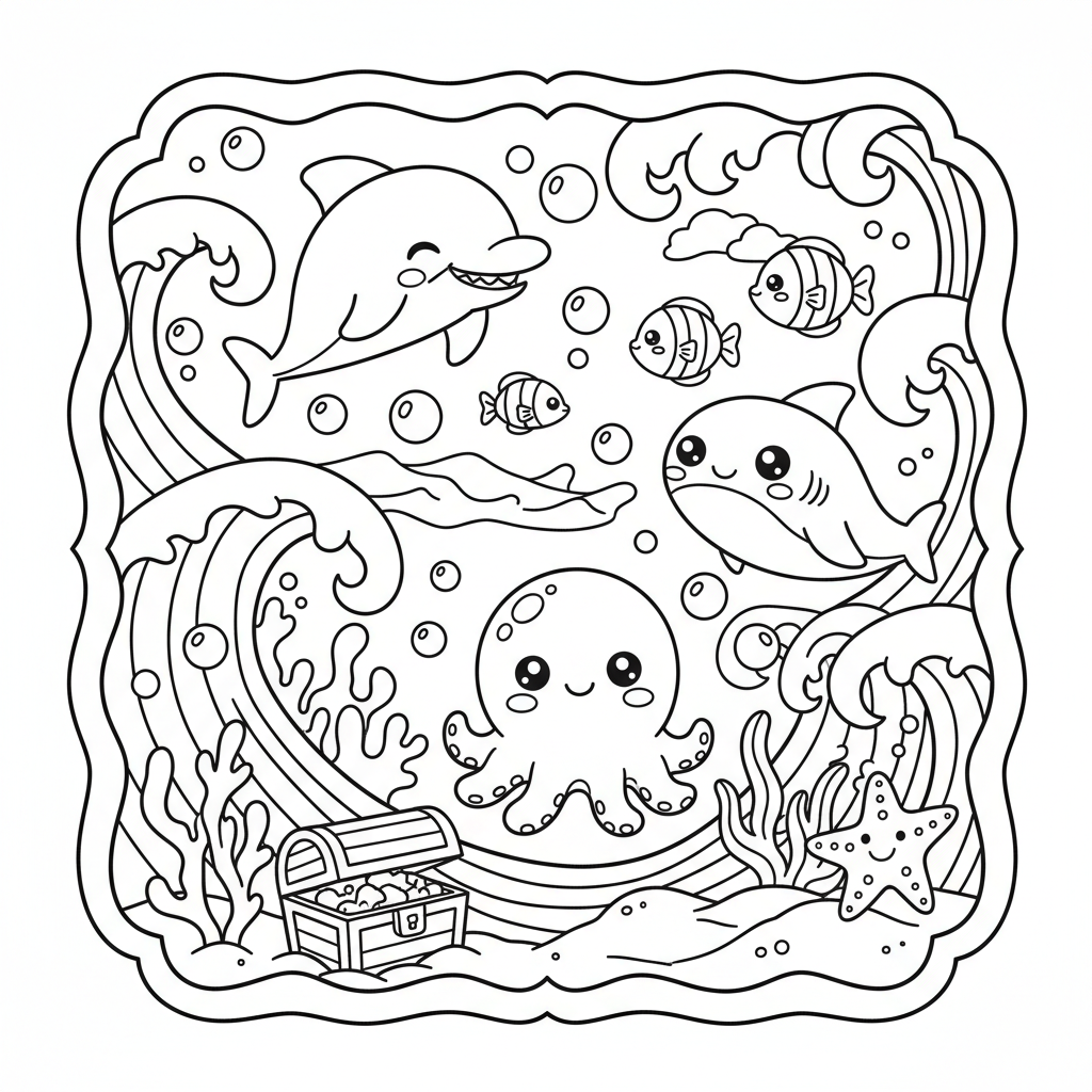 Ocean coloring page for everyone - Chibi style