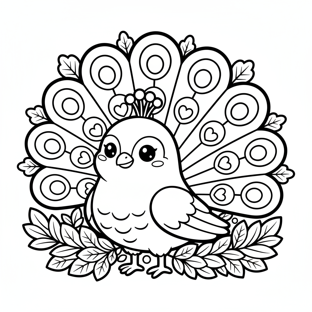 Peacock coloring page for everyone - Chibi style