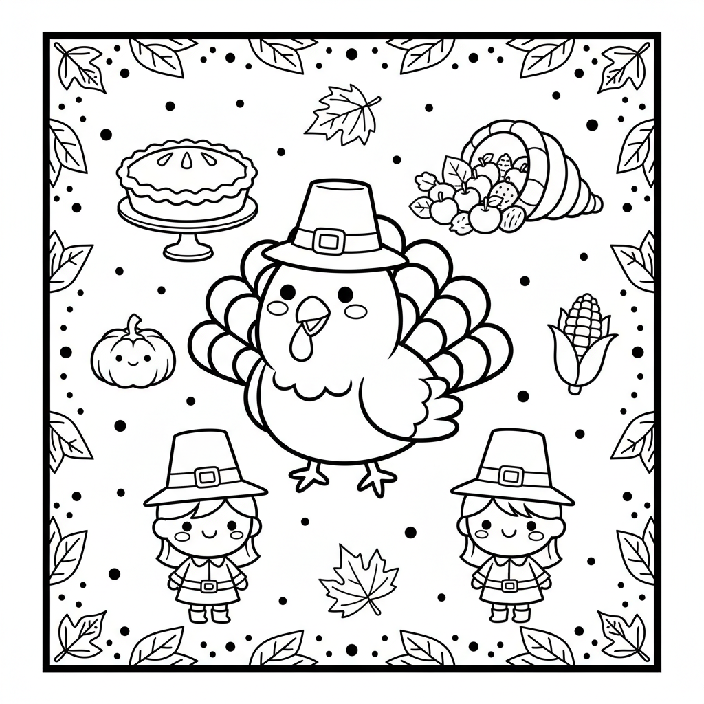 Thanksgiving coloring page for everyone - Chibi style