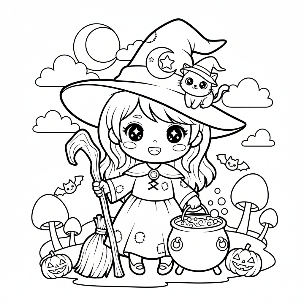 Witch coloring page for everyone - Chibi style