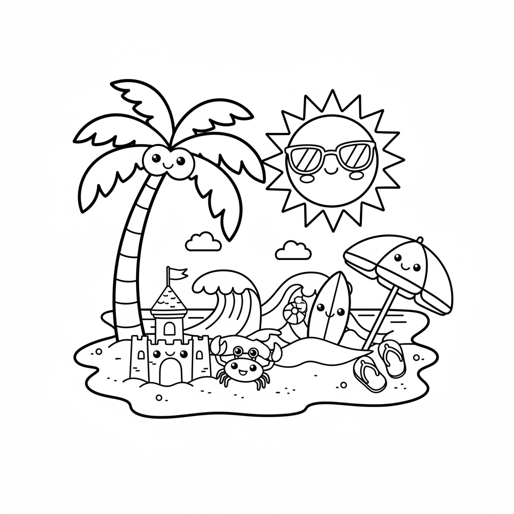Beach coloring page for everyone - Comic Book style