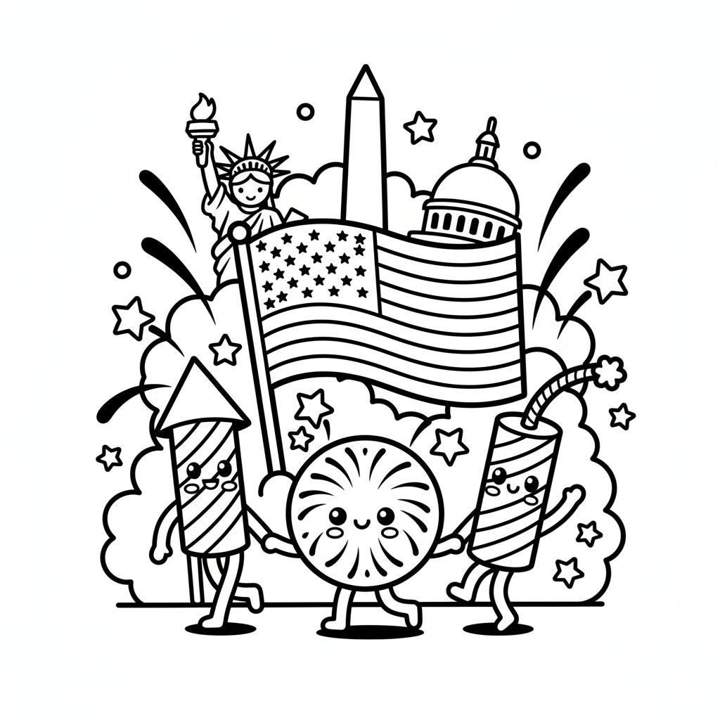Fourth of July coloring page for everyone - Comic Book style