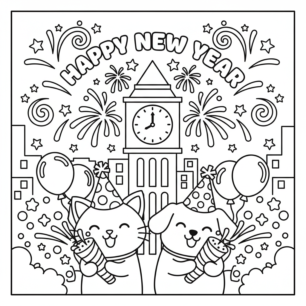 New Year's Eve coloring page for everyone - Comic Book style
