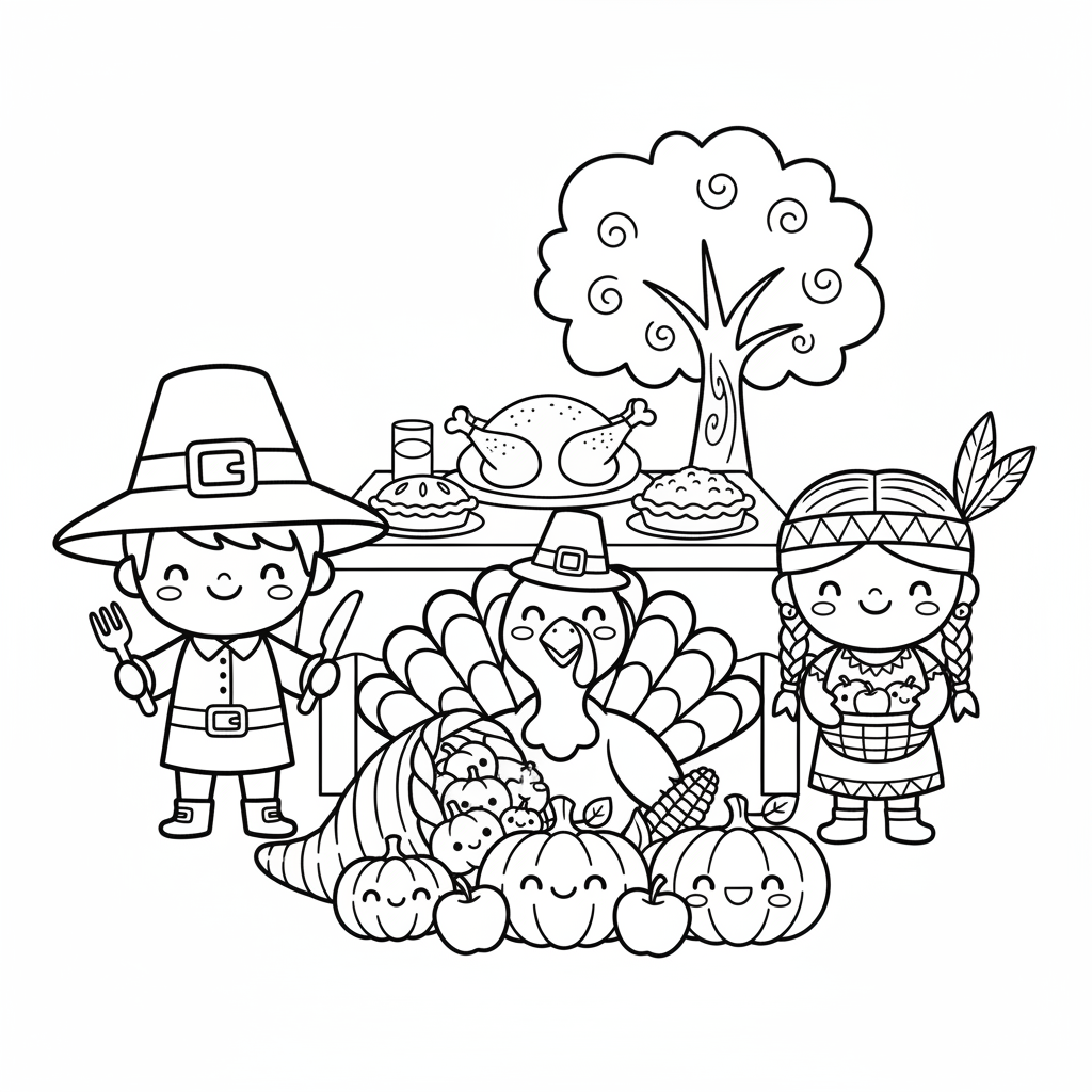 Thanksgiving coloring page for everyone - Comic Book style