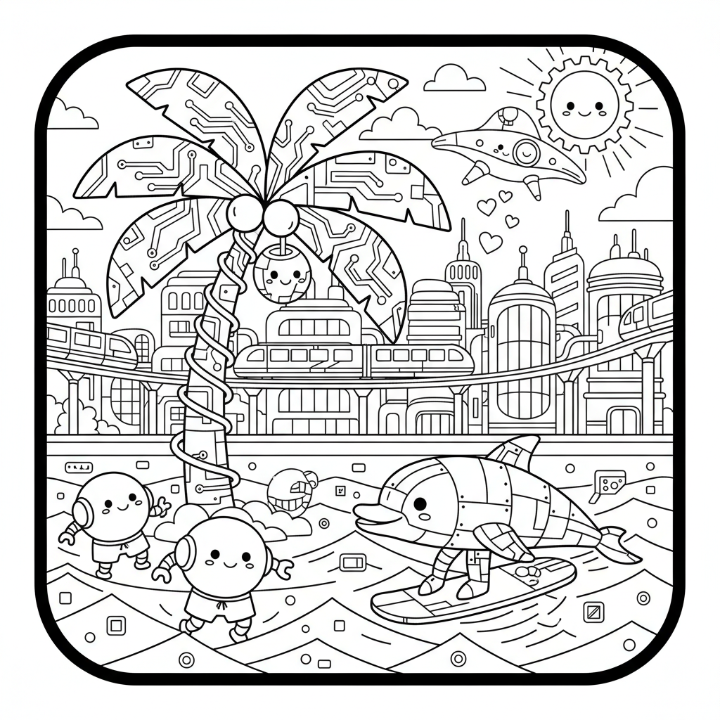 Beach coloring page for everyone - Cyberpunk style