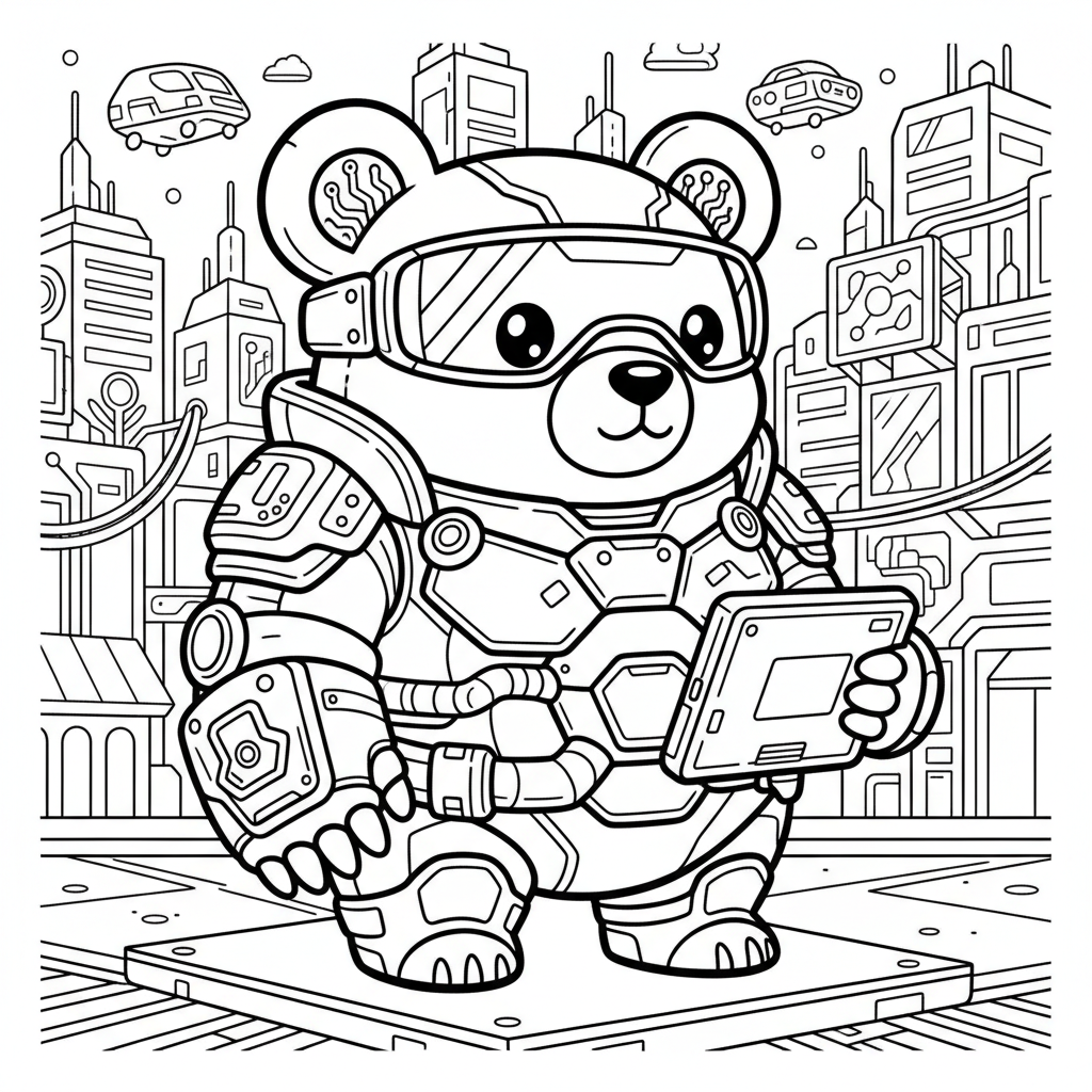 Bear coloring page for everyone - Cyberpunk style