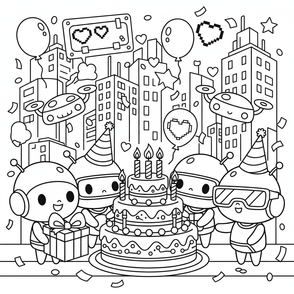 Birthday coloring page for everyone - Cyberpunk style